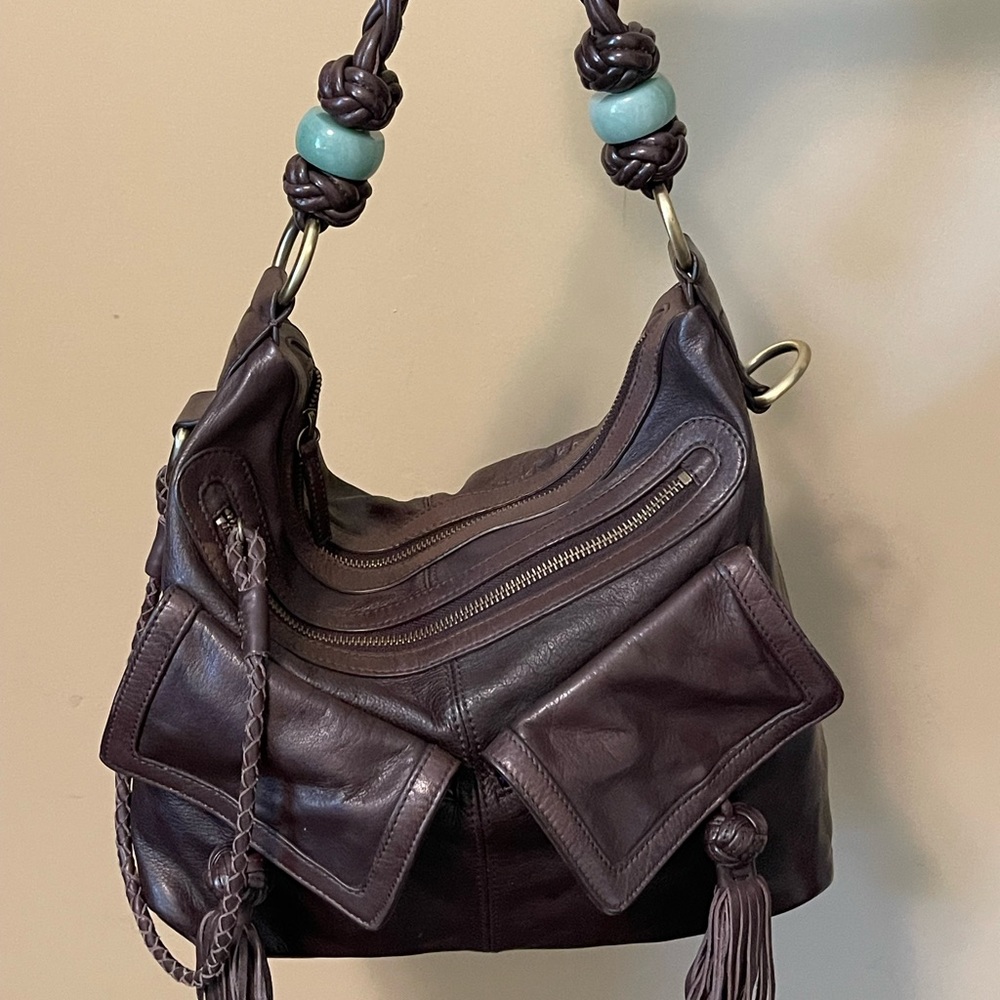 Shanghai Tang Brown Leather Hobo with Jade Bead Accents